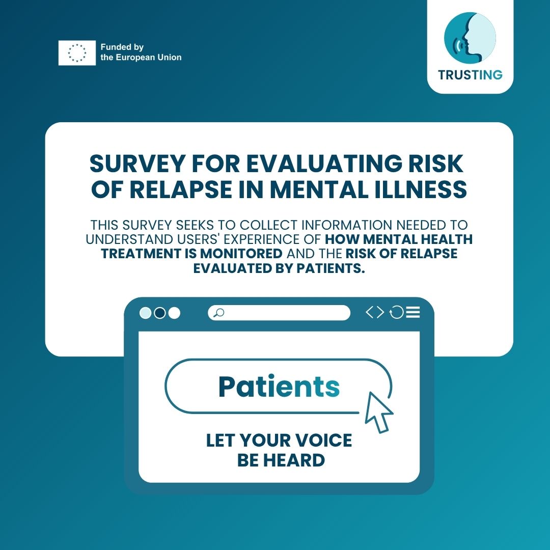 Trusting_EU's tweet photo. 🔍 Help improve early detection of psychotic relapse.
The #TRUSTING project is developing AI tools to predict &amp; prevent relapse in psychosis and we need your input.

📝 Anonymous survey, 5-10 min: https://t.co/d30Aq8NKgr

@GAMIANEurope #MentalHealth #Psychosis https://t.co/4WTLUpbtlY