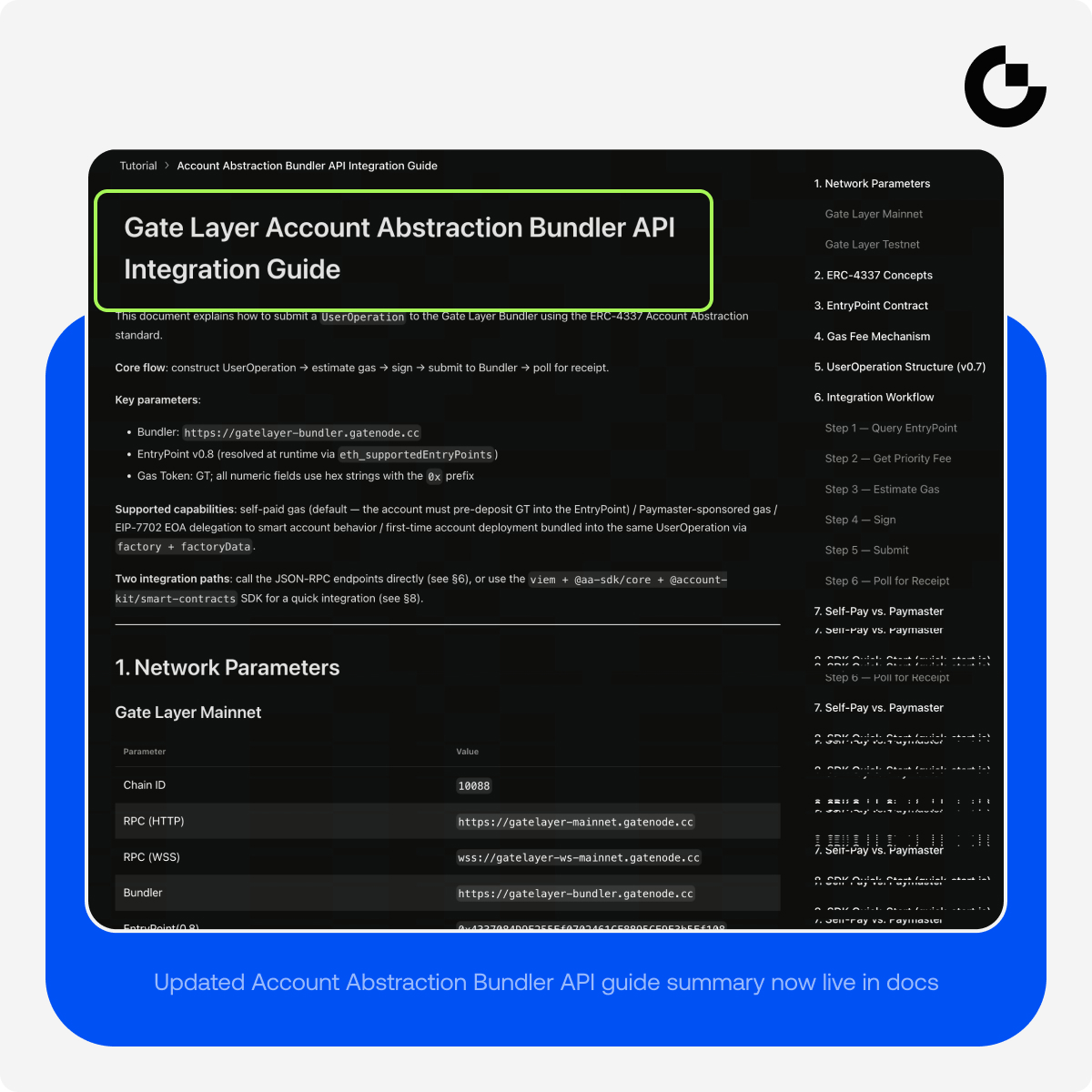 GateLayer's tweet photo. We hear you loud and clear, devs 👂

You asked for a cleaner, more concise version of the Account Abstraction Bundler API guide — and we’ve delivered.

The updated summary is live in our official docs, with a streamlined breakdown of core flows, key parameters, and integration paths to help you build faster on Gate Layer.

👉Check it out: https://t.co/c65RVLuSjl