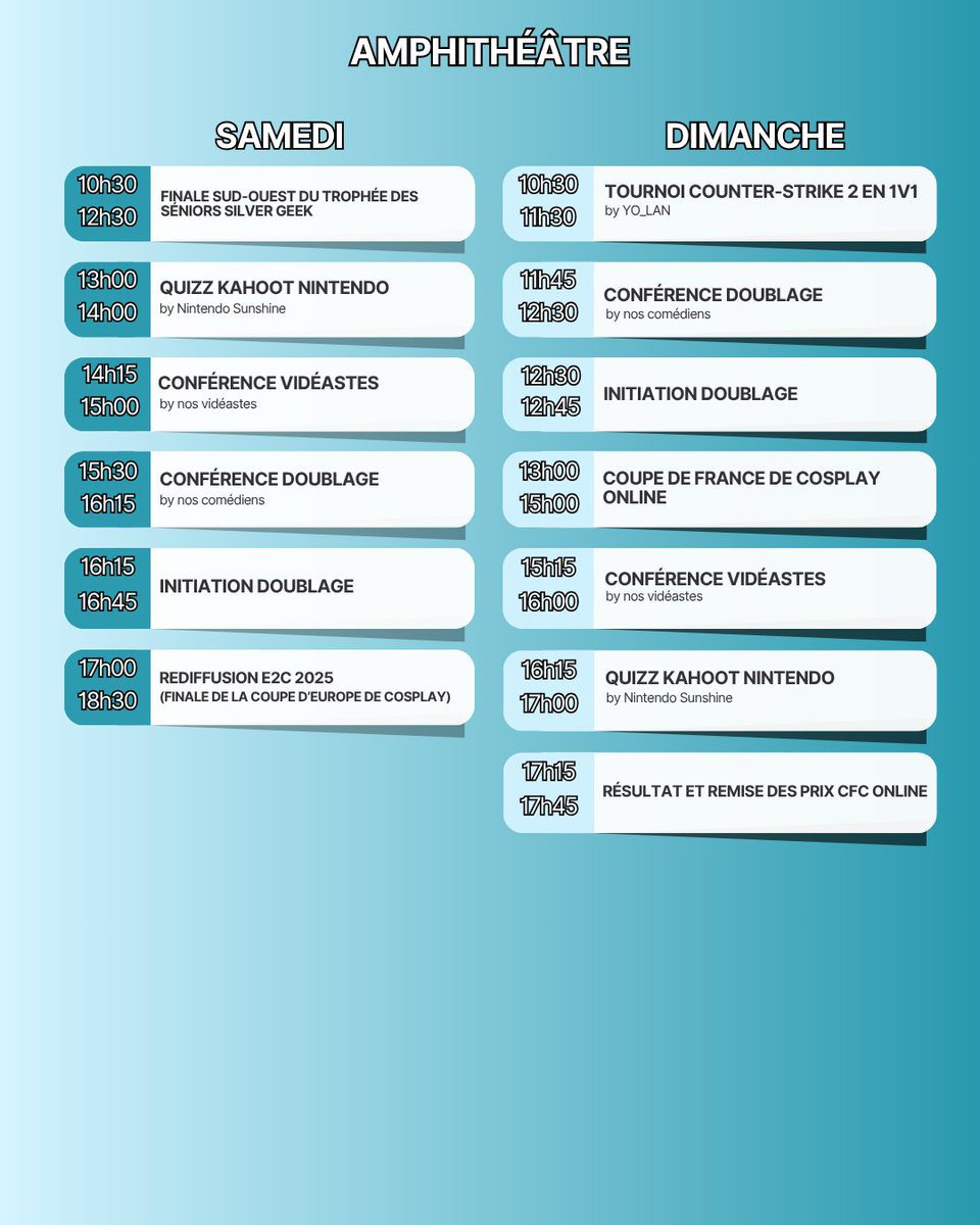TGSevenements's tweet photo. Voici le planning des scènes du week-end au #TGSSpringbreak !✨
Prépare-toi à vivre des shows, conférences, animations et des moments inoubliables !
🎟️https://t.co/odoAPruv6z
📅13 & 14 juin 2026
📍Diagora Labège
#Convention #PopCulture https://t.co/GrukhUTusN