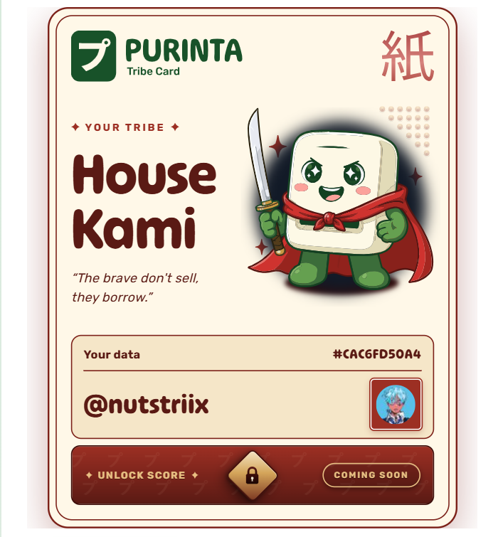 nutstriix's tweet photo. Not long ago, I joined a tribe on @purintaxyz 

@purintaxyz  is fixing how you lend and borrow and how to use your meme assets without worrying.

They are the first memecoin money market, built so holders can use their tokens as collateral, borrow against positions, and access liquidity without ever selling.

The team comes from API3, which already has a proven track record managing vaults and risk frameworks for major DeFi protocols. 

This isn't their first attempt at building something that actually solves real problems in this space.  

And right now they're running a campaign worth paying attention to.

Phase 1 is already live, join below and get assigned to one of the three tribes.

Here is how to participate: 

- go here → https://t.co/g2Z2VFTejj
- connect your wallet 
- enter your X username 
- get assigned to a tribe
- get your unique Tribe Card
- share it on X and you are good go!

Phase 2 reveals your actual Purinta Credit Score, computed from your real on-chain data, and it may potentially come with airdrop perks 👀  

Only Phase 1 wallets get their score revealed so you've to participate in this current phase. 

Perks you get when you join discord activities -> $3K in monthly prizes up for grabs in there, so you have to make sure you join the discord.

Join the discord here -> https://t.co/WMGIBRLj41

Which tribe do you think you're going to find yourself in?

Start your journey now!