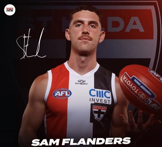 AFLSC360's tweet photo. ❌SAM FLANDERS❌
The Saints midfielder has been carried off with what appears to be an Achilles injury. Most of us own him (except @SpillsSC ) , but we all hope it’s not a serious long-term injury 🙏

How good is AFL season 2026? 
Unforgettable 

#aflsc360 https://t.co/CuP9OLcJP2