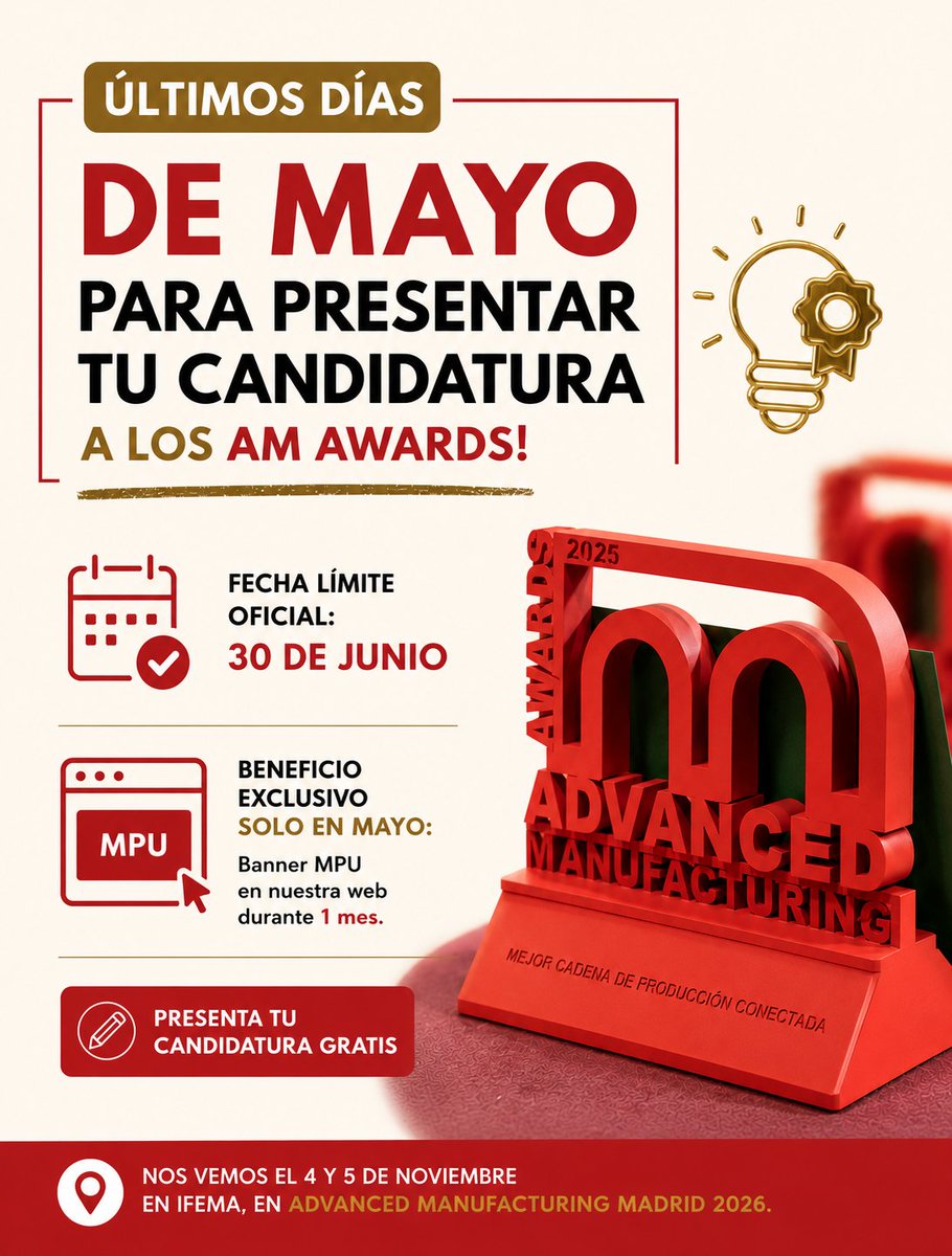 AdvManufactES's tweet photo. 🚨 Últimos días de mayo para conseguir visibilidad extra en los AM Awards.

Presenta tu candidatura antes de que termine mayo y consigue un banner MPU durante 1 mes en nuestra web.

📅 Límite oficial: 30 de junio
🎯 Solo candidaturas de mayo

👉 https://t.co/3g8iG0ku6p https://t.co/f2RqhavIe7