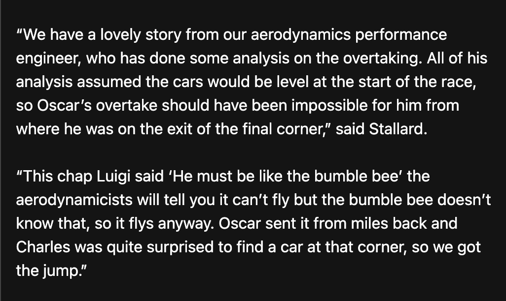 oscgoat's tweet photo. back in 2024, after baku, tom stallard said the mclaren garage compared oscar to a bumblebee, because "bees don't know they can't fly, so they fly anyway" 

and now he has. a whole wasp 😀 https://t.co/QUiePKlspb