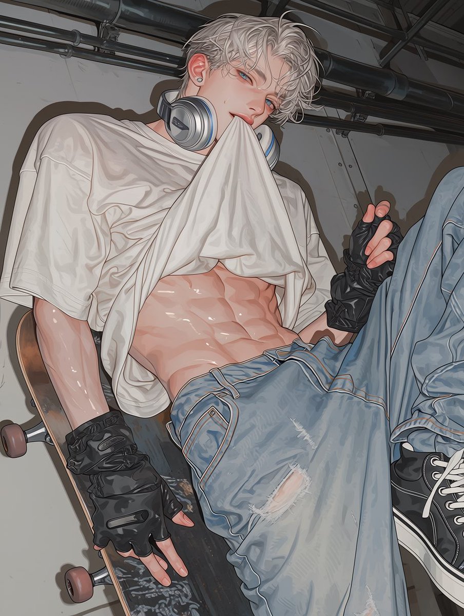 J_JJ0089's tweet photo. 🛹

Masterpiece, top quality, ultra-fine, semi-realistic animation style, stylish young skater boy leaning casually on an indoor skatepark ramp, (외형), silver headphones over the ears, and a white oversized t-shirt lifted slightly by mouth reveal defined abs and toned waist, Comfortable and cool expressions with hair tilted back, baggy sky blue baggy jeans, black fingerless gloves, black Converse sneakers, skateboard held under one arm, modern streetwear aesthetics, young rebellious atmosphere, industrial indoor skatepark background with pipes and ramps, realistic anatomy with soft natural lighting, Korean webtoon x animation illustration style, very detailed face and body, soft skin texture, dynamic pose, deep field, clean rendering, vivid yet natural colors, semi-realism, fashionable and edgy atmosphere