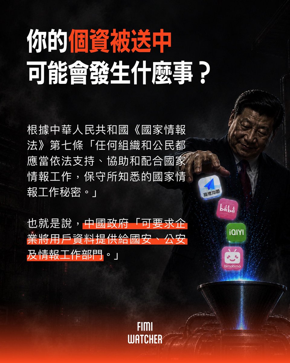 watchoutTW's tweet photo. 你可能沒想過，使用有資安風險的中國 APP 會發生什麼事？
​
數發部昨（27）日公佈了四款中製 APP 的資安檢測結果，在包含「即時行為監測、跨 APP資訊存取、擷取系統資訊、資料傳輸及分享」的4項類別、15項檢測項目中——
​
高德地圖的風險項目為最多，Android 作業系統達 11 項，iOS 作業系統則有 8 項。

● 這 11 項風險項目代表什麼呢？
​
📍高德地圖：讀取使用者的地理位置、剪貼簿、影音或即時影像、麥克風權限、通訊錄、行事曆或待辦事項、健康紀錄、儲存空間（系統檔案及資料）、裝置的識別碼、於關閉狀態下對外傳輸資料，並將上述資料傳輸到中國境內伺服器。
​
除了高德地圖，另外 3 款 APP（嗶哩嗶哩、愛奇藝及 BIMOBIMO）也都有過度蒐集敏感個資的風險，而這四個 APP 都會將資料傳輸到中國境內的伺服器。

● 你的個資被送中會怎麼樣嗎？
​
你可能會想，很多 APP 都會蒐集個人資料並不稀奇？然而，根據中華人民共和國的《網絡安全法》及《國家情報法》規定，「可要求企業將用戶資料提供給國安、公安及情報工作部門。」
​
這意味著，使用這些 APP 的同時，幾乎等於是雙手捧著屬於你的個資，直送中國情報部門。
​
尤其在 AI 時代，你的個資可能被利用於生成深偽影片（deepfake）等等惡意的資訊操弄行為。
​
根據 Google 及 ChatGPT 發布的公開報告都已經直指，中國政府正在惡意利用西方企業開發的 AI 工具進行網路攻擊、認知作戰。越詳細的個人資料，恐怕越能提高這些惡意手法的精準度，且難以被一般大眾識破。
​
避免使用這些有高度風險的中國製 APP 並不只是資安上的自我保護，也是在避免自己的個資被利用，成為中國對台資訊操弄的工具。