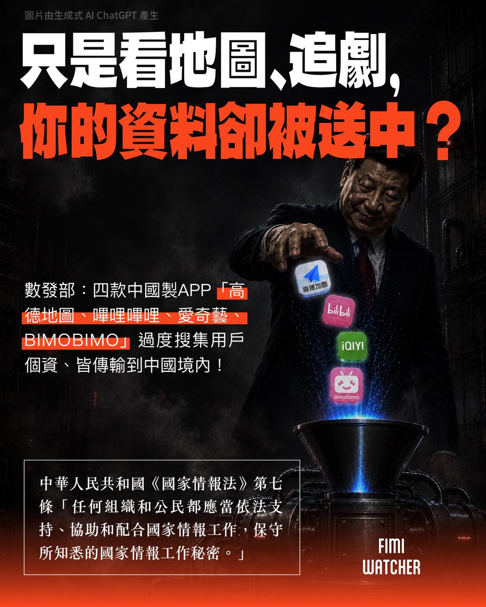 watchoutTW's tweet photo. 你可能沒想過，使用有資安風險的中國 APP 會發生什麼事？
​
數發部昨（27）日公佈了四款中製 APP 的資安檢測結果，在包含「即時行為監測、跨 APP資訊存取、擷取系統資訊、資料傳輸及分享」的4項類別、15項檢測項目中——
​
高德地圖的風險項目為最多，Android 作業系統達 11 項，iOS 作業系統則有 8 項。

● 這 11 項風險項目代表什麼呢？
​
📍高德地圖：讀取使用者的地理位置、剪貼簿、影音或即時影像、麥克風權限、通訊錄、行事曆或待辦事項、健康紀錄、儲存空間（系統檔案及資料）、裝置的識別碼、於關閉狀態下對外傳輸資料，並將上述資料傳輸到中國境內伺服器。
​
除了高德地圖，另外 3 款 APP（嗶哩嗶哩、愛奇藝及 BIMOBIMO）也都有過度蒐集敏感個資的風險，而這四個 APP 都會將資料傳輸到中國境內的伺服器。

● 你的個資被送中會怎麼樣嗎？
​
你可能會想，很多 APP 都會蒐集個人資料並不稀奇？然而，根據中華人民共和國的《網絡安全法》及《國家情報法》規定，「可要求企業將用戶資料提供給國安、公安及情報工作部門。」
​
這意味著，使用這些 APP 的同時，幾乎等於是雙手捧著屬於你的個資，直送中國情報部門。
​
尤其在 AI 時代，你的個資可能被利用於生成深偽影片（deepfake）等等惡意的資訊操弄行為。
​
根據 Google 及 ChatGPT 發布的公開報告都已經直指，中國政府正在惡意利用西方企業開發的 AI 工具進行網路攻擊、認知作戰。越詳細的個人資料，恐怕越能提高這些惡意手法的精準度，且難以被一般大眾識破。
​
避免使用這些有高度風險的中國製 APP 並不只是資安上的自我保護，也是在避免自己的個資被利用，成為中國對台資訊操弄的工具。