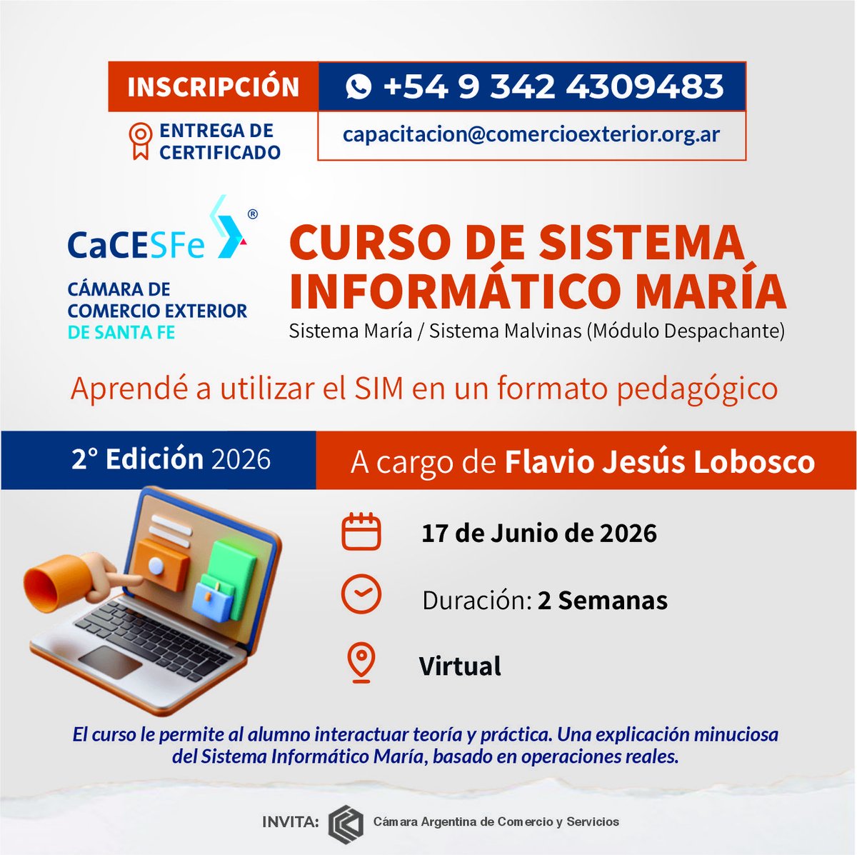 CaCESFe's tweet photo. Domina el Sistema María/Malvinas sin moverte de tu casa. 💻

Si estudiás o trabajás en Comercio Exterior, sabés que manejar este sistema no es opcional: es obligatorio.

⏳ Los cupos son limitados.
👉 Inscripción: https://t.co/t9BR2g7Eql

#ComercioExterior https://t.co/sKF7lMw7XA