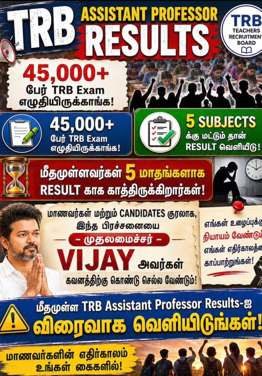 mrlit42954's tweet photo. WE DEMAND IMMEDIATE PUBLICATION OF RESULTS FOR TRB ASSISTANT PROFESSOR RECRUITMENT EXAM HELD IN DECEMBER 2025 FOR 4000 VACANCIES. @sunnewstamil @News18TamilNadu  @polimernews @ThanthiTV  @Kalaignarnews  @NewsTamilTV24x7 @CMOTamilnadu @INCTamilNadu @Viswanathan_INC https://t.co/M0D976hI6U