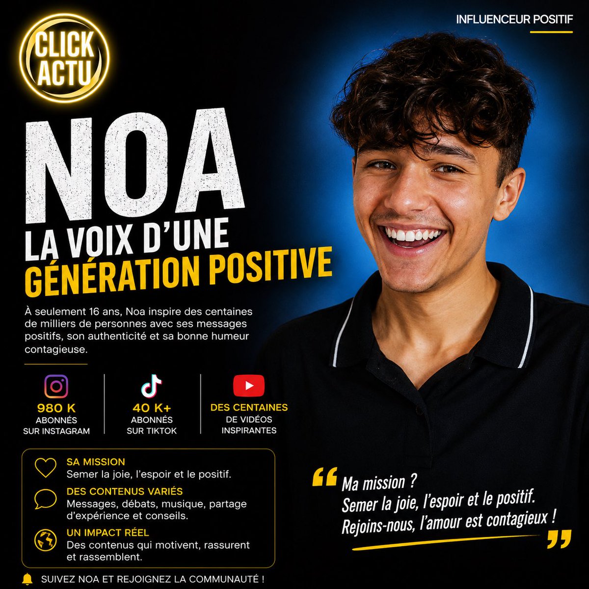 ClickActu's tweet photo. ✨ À seulement 16 ans, Noa (@eclat_positif_) rassemble près d’1 million d’abonnés avec des vidéos positives et inspirantes. 📱❤️

Une nouvelle génération d’influenceurs qui veulent faire du bien autour d’eux. 👀

#EclatPositif #Noa #Influenceur #Instagram #TikTok #PositiveVibes https://t.co/ZWcALUoe4h