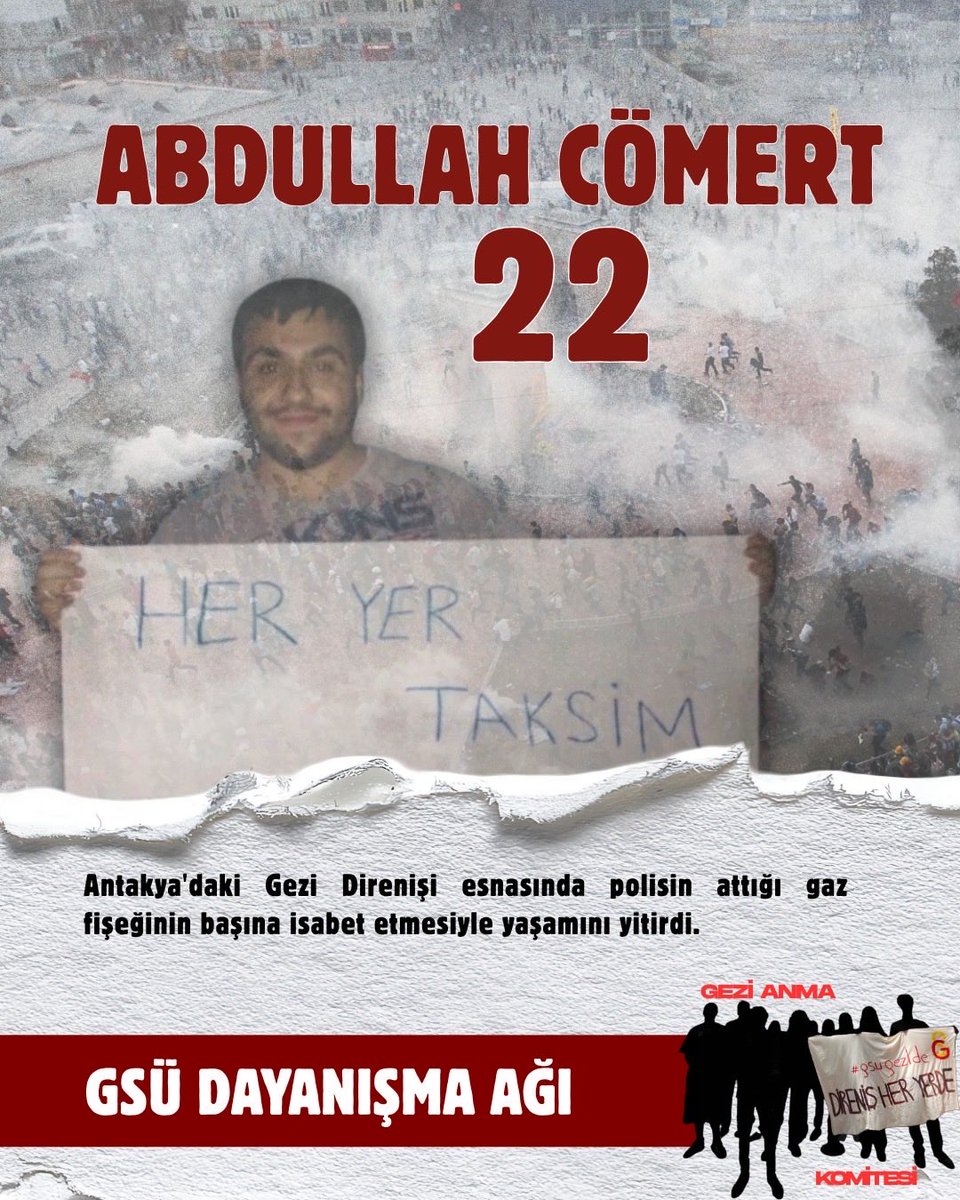 gsudayanisma3's tweet photo. Abdullah Cömert, yaş 22.

Antakya'daki Gezi Direnişi esnasında polisin attığı gaz fişeğinin başına isabet etmesiyle yaşamını yitirdi. https://t.co/JjuB1KPfas