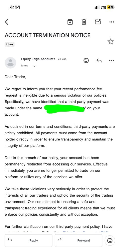 PropFirmsGuru's tweet photo. SCAM ALERT ⚠️ @EquityEdgeUK Scam exposed⬇️
Trader @JuniperoFx payout of $301 rejected Reason he made a mistake and paid for the account from a friend or another person account which Is fine,but do you guys realize all these Rules when a trader Reach to the payout stage?. https://t.co/R5qeFjxv9q