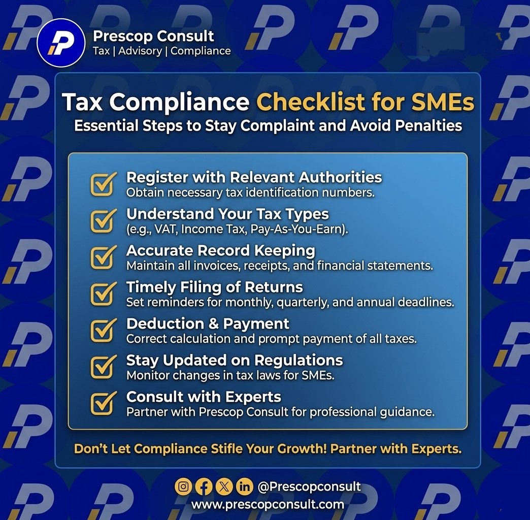 Prescopconsult's tweet photo. Most Nigerian SMEs are walking tax liabilities.

Not because they're doing anything wrong but because nobody gave them the complete picture.

Here's the tax compliance checklist every SME owner needs in 2026 https://t.co/q12XqZf5G0