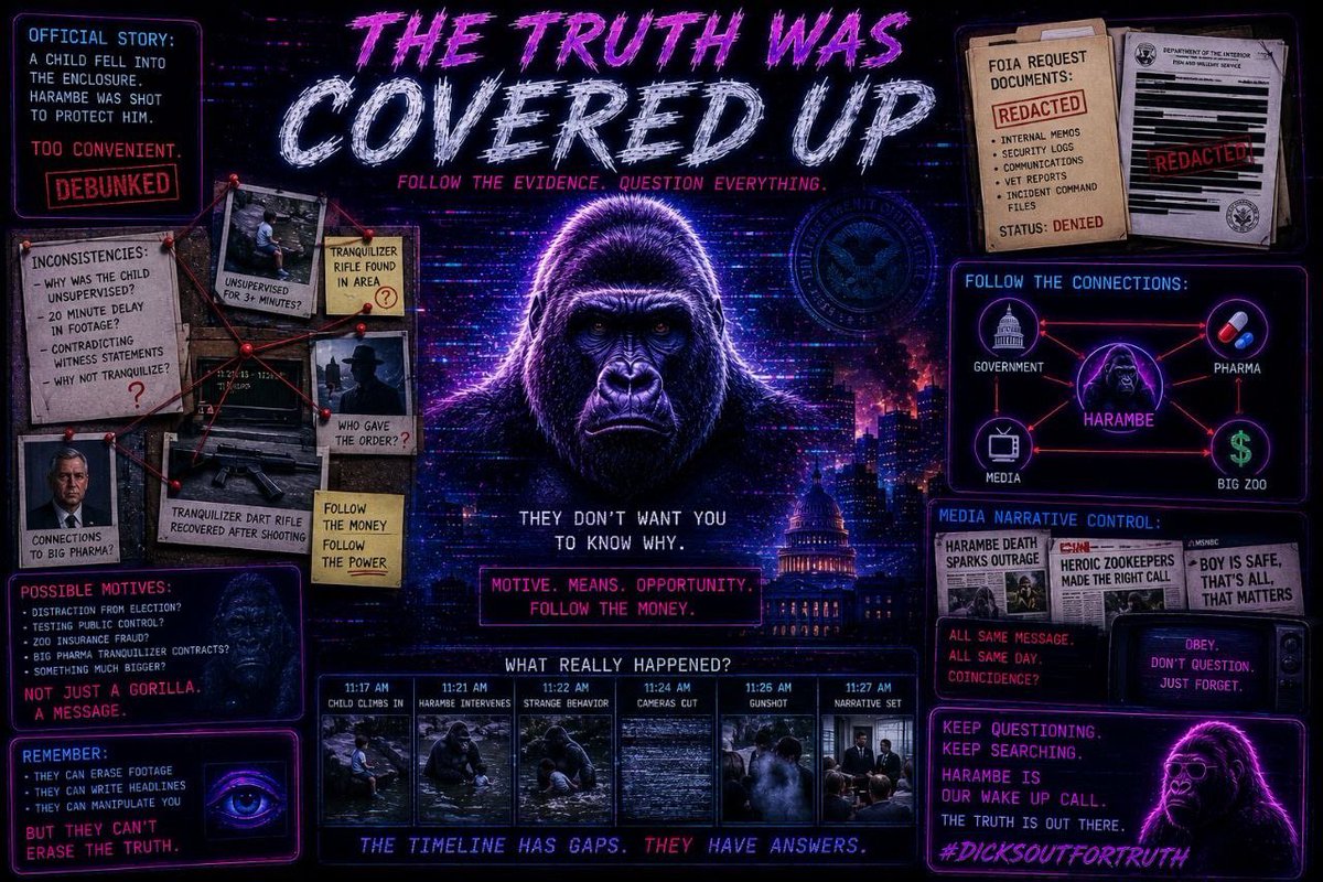 HarambeXSol's tweet photo. The truth was covered up, follow the evidence, question everything 🧐 

20 minute delay in footage?
Connections to big pharma?
Zoo insurance fraud?
Who gave the order?

Things don’t add up… they wanted to create the timeline they can control 

$HARAMBEX will right their wrongs🦍 https://t.co/7FTeZ4ZdoN