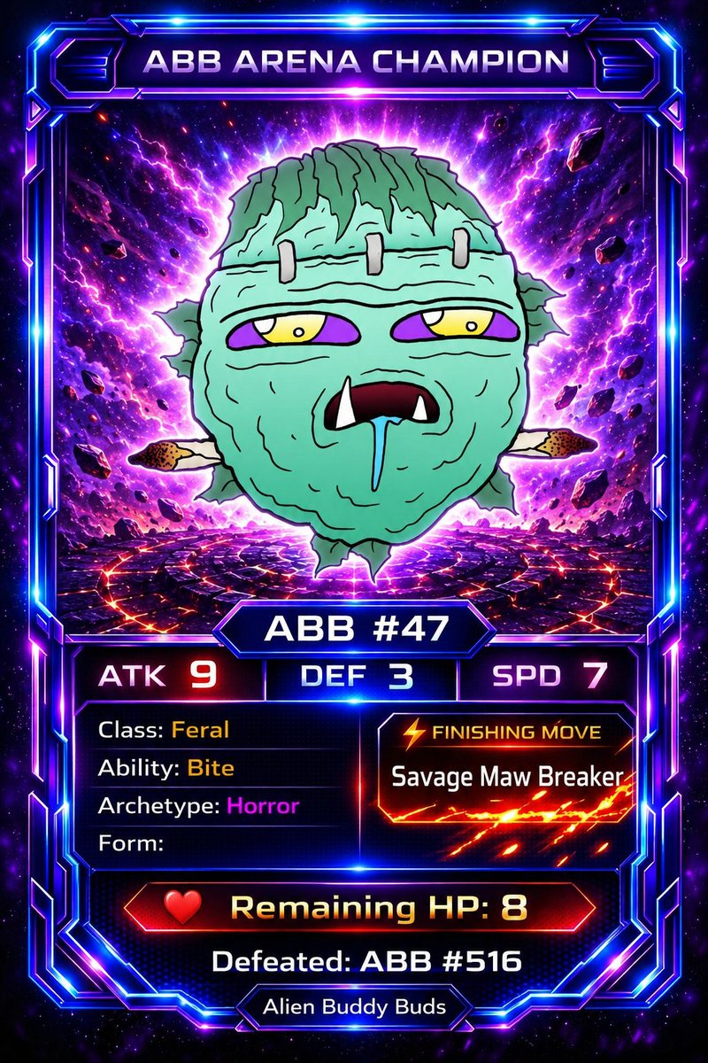 AlienBuddyBuds's tweet photo. ⚔️ ABB ARENA BATTLE RESULT
👽 Fighter 1: @14EmDubYa (ABB #47)
vs
😈 Fighter 2: @ZaThomas42 (ABB #516)
🏆 Winner: @14EmDubYa - Feral Horror

Rewards
@14EmDubYa
🗡 +1 Dagger
💰 +10 ABB Coins
👽 Uglien
🃏 Champion Card

@ZaThomas42
💰 +2 ABB Coins
👽 Uglien

👇 Battle Simulation below

📊 Live Ranking:
https://t.co/AE8jePsJqW

#AlienBuddyBuds forever!