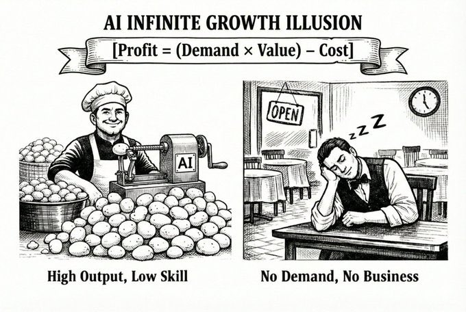 gerardsans's tweet photo. AI Tokenomics: Protecting Your Value per 1M Tokens in 2026

Many companies are quietly pulling back on AI after seeing negative ROI, Microsoft, Uber, GitHub, Cursor, and others are learning the hard way.

If you’re still investing, make sure your AI strategy actually creates market leverage, your dev team is truly AI-fluent, and their amplified output drives real business results.

1) For Leaders

[Profit = Value - Cost]

Value = Demand × λ λ = Competence × Leverage Leverage = market share + influence + moat

The ceilings you must break: Value > Cost Demand > 0 Leverage > 0

Notice we deliberately ignored Competence here.

That’s the fundamental gap between McDonald’s (massive volume, low λ ceiling) and a Michelin-star street food stand (elite taste, smaller scale, but far higher λ per unit).

AI multiplies what already exists. It doesn’t create wealth from nothing.

No demand → no business. No leverage → no escape velocity.

The current AI bubble? It’s what happens when you optimize leverage while demand is still zero.

2) For Builders

[Competence = Skill × Experience × Taste]

Experience = scars + failures + hard knocks Taste = judgment AI still can’t fake (yet)

AI amplifies your skill, experience, and taste.

AI is not replacing coders. It’s replacing below-average competent ones.

Your level of Competence sets your long-term ceiling.

AI is widening the gap between top builders and the mediocre faster than anything we’ve seen before.

Final thought:
AI is like a turbine engine.
 Attach it to a rocket → you reach Mars.
 Attach it to a bicycle → you just get to nowhere faster.

What’s your experience with AI ROI in 2026? Are you seeing real leverage, or just faster bicycles?

Drop your thoughts below. Let’s discuss.

#AI #Tokenomics #Leadership #SoftwareEngineering #TechStrategy