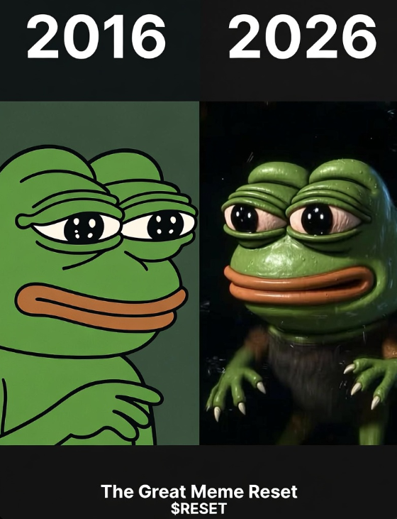 ResettingMemes's tweet photo. Left = 2016 (peak comedy)  
Right = 2026 (brainrot)

The Great Meme Reset is here.

Fuck AI slop. Real memes only.

$RESET https://t.co/8AAF6qWWpT