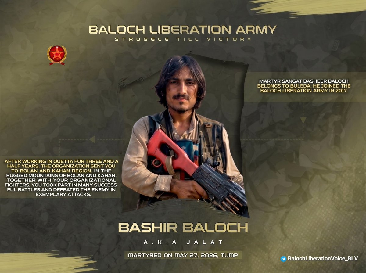 KambarBaloch0's tweet photo. The BLA pays tribute to the sacrifice of Bashir alias Jalat, who laid down his life for Baloch Homeland yesterday in Tump. Azad Baloch https://t.co/AjlJPKyEAN