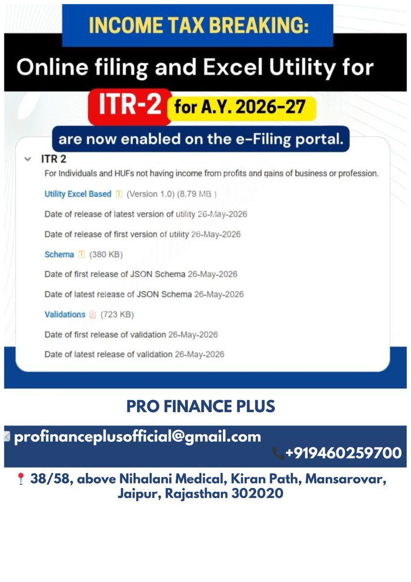 profinanceplus's tweet photo. Income Tax Update 🔔
ITR-2 utility is live on the e-Filing portal for A.Y. 2026-27.
Get expert guidance for accurate filing, capital gains reporting, foreign assets disclosure &amp; more.
#ITR2
#IncomeTax
#TaxFiling
#AY202627
#IncomeTaxReturn
#TaxConsultant
#TaxProfessional
#eFiling https://t.co/HsrgXSeXx2