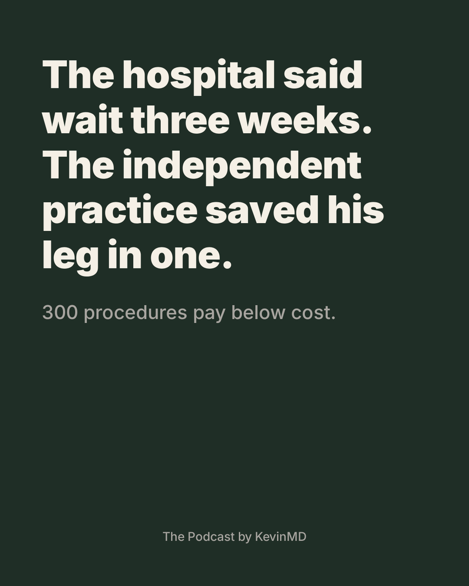 kevinmd's tweet photo. A farm worker with gangrene got the ultrasound, the procedure, and a saved leg in a week.
 
The hospital system that turned him away told him to wait three weeks just to be seen.
 
Interventional radiologist Saravanan Kasthuri runs the office-based practice that took him. The same vertebroplasty he billed at $7,800 in 2016 now pays $4,800, a 40 percent cut in 10 years. His staff costs are up 70 percent over the same decade. His Medicaid mix went from 1.2 percent to 27 percent.
 
There are more than 300 office-based procedures where Medicare reimbursement is now less than the direct cost of the supplies.
 
Private practice has collapsed from roughly 60 percent of physicians in 2012 to about 18 percent today. The Medicare physician fee schedule was written in 1992, when most procedures happened inside hospital walls. Medical technology moved $4 million linear accelerators and $4,000 stents into the office. The payment did not follow.
 
The fix is structural. Pull the high-cost supplies and equipment out of the physician fee schedule and reimburse them the way they are reimbursed in hospitals and ASCs, which have their own technical fee schedules. Get the physician fee schedule back to reimbursing for the work physicians actually do. That is the policy argument that finally seems to be landing in D.C. The 2026 fee schedule is the first year in the last five or six where office-based reimbursement has actually gone up overall.
 
If you want a cardiology consult right now, the wait is seven months. This is rural healthcare in 2026.
 
Consolidation is not a market outcome. It is a payment-policy outcome. The math at one site of service makes survival impossible. The math at another keeps a building solvent. When practices like this one close down, it is not just the physicians who are affected. It is the patients.
 
Listen to the full conversation on The Podcast by KevinMD. Link in the replies.
 
#RuralHealthcare #ThePodcastbyKevinMD