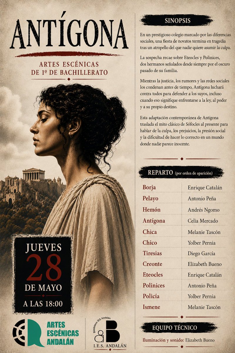 BiblioAndalan's tweet photo. Nuestro alumnado de Artes Escénicas de 1º y 2º de Bachillerato pondrán en escena su trabajo final de curso: una adaptación de Antígona y una obra de creación propia -Mitología en ruinas- a partir de algunos mitos griegos. Jueves 28,18:00 h. en @IES_Andalan  ¡Mucha mierda!🎭🎭 https://t.co/2b86AC9OLk
