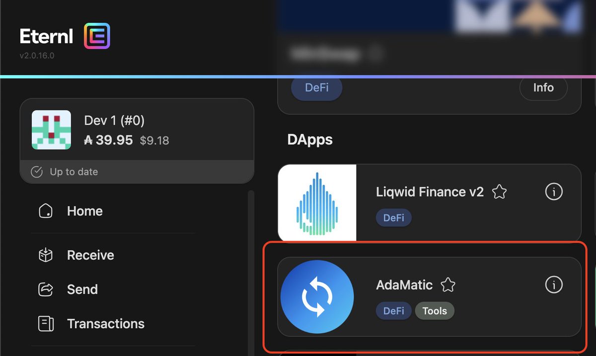 AdaWatchBot's tweet photo. AdaMatic and AdaWatch a match made in heaven.

You can now use https://t.co/s5YvEJQP62 directly from your favourite @eternlwallet dApp Store.

Managing your automatic payments w/ AdaMatic hasn't been easier and accessible! It works great on mobile and ..... https://t.co/oX6OwAaA3a
