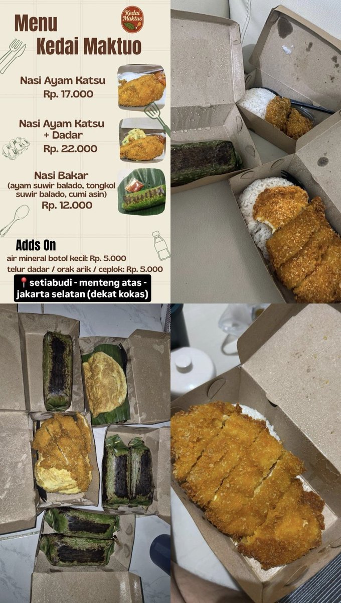 lesdeaux's tweet photo. @wonyucil hai kaak maaf aku izin promosi disini yah🙏 aku lg bantu ibuku larisin dagangannya, mama jual nasi katsu &amp; nasi bakar, bisa dititip utk dibagikan/jumat berkah juga, ada testinya di profileku🤗 mama single parent jd harus kerja keras utk sekolahi adikku &amp; survive in this economy🥹 https://t.co/dsueVEEdgL