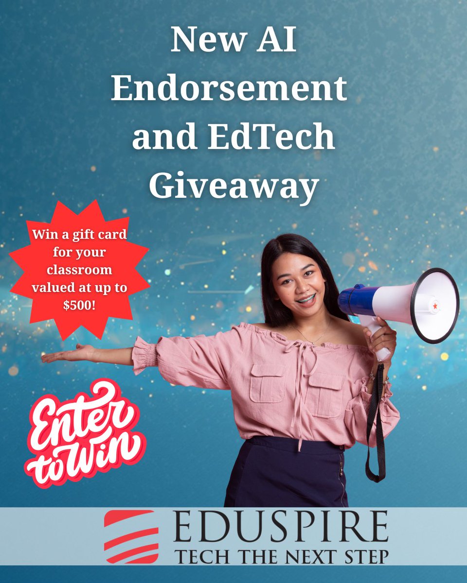 eduspirePD's tweet photo. ⚠️ Only 3 Days Left to Enter: Win a $500 Classroom Gift Card: Share our new AI Endorsement with peers to win! https://t.co/rKmKlQbzAq

#edtech #AI #spreadtheword #entertowin #sharingiscaring https://t.co/vTDW75YfCb