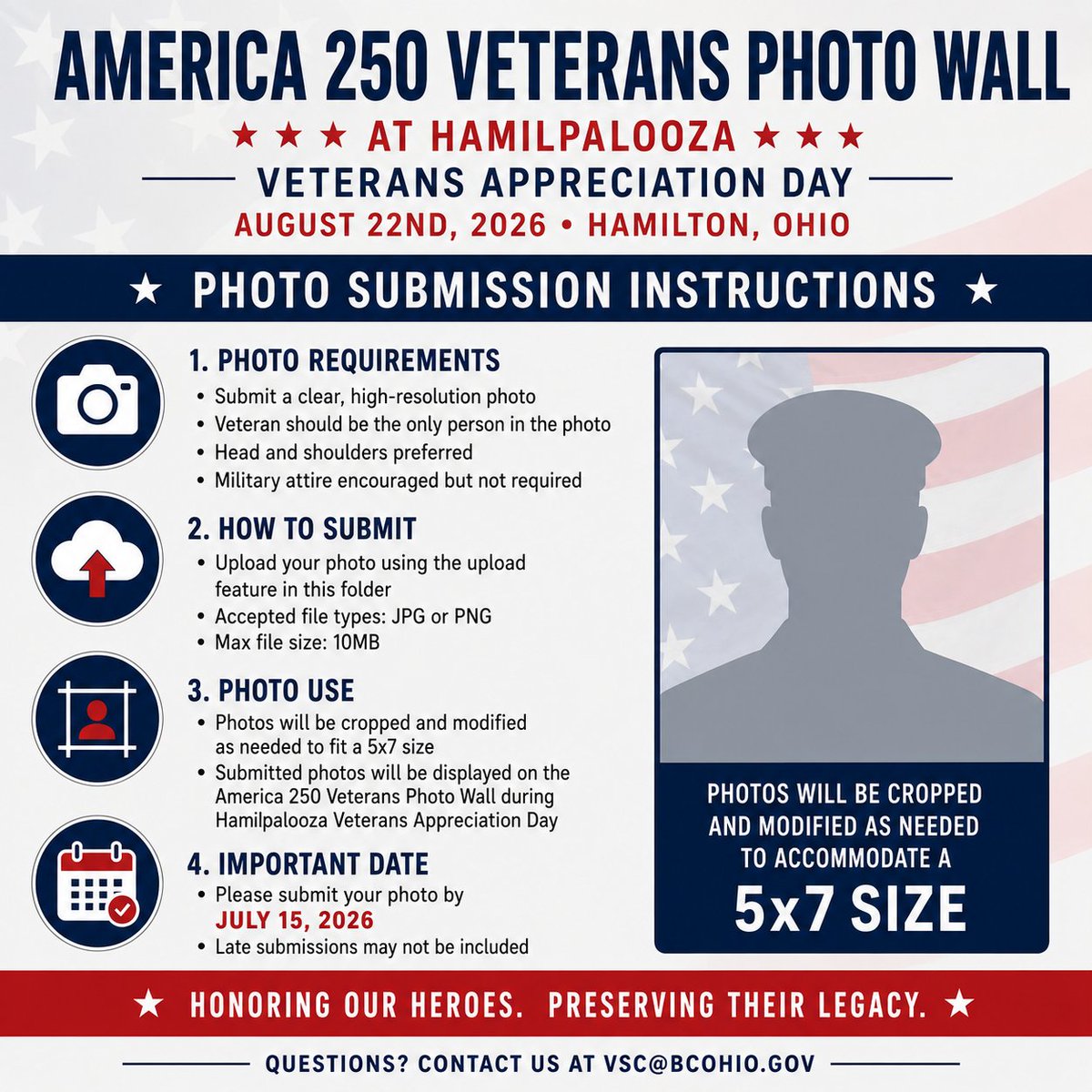 BcVsc's tweet photo. Join the America 250 Veterans Photo Wall at Hamilpalooza on Aug 22! Veterans &amp; families: Submit a clear service photo (head &amp; shoulders, military attire optional) by July 15. Upload: https://t.co/Nub156yMhV #BCVetsOH #VeteransPhotoWall https://t.co/kC5TfV4vfb