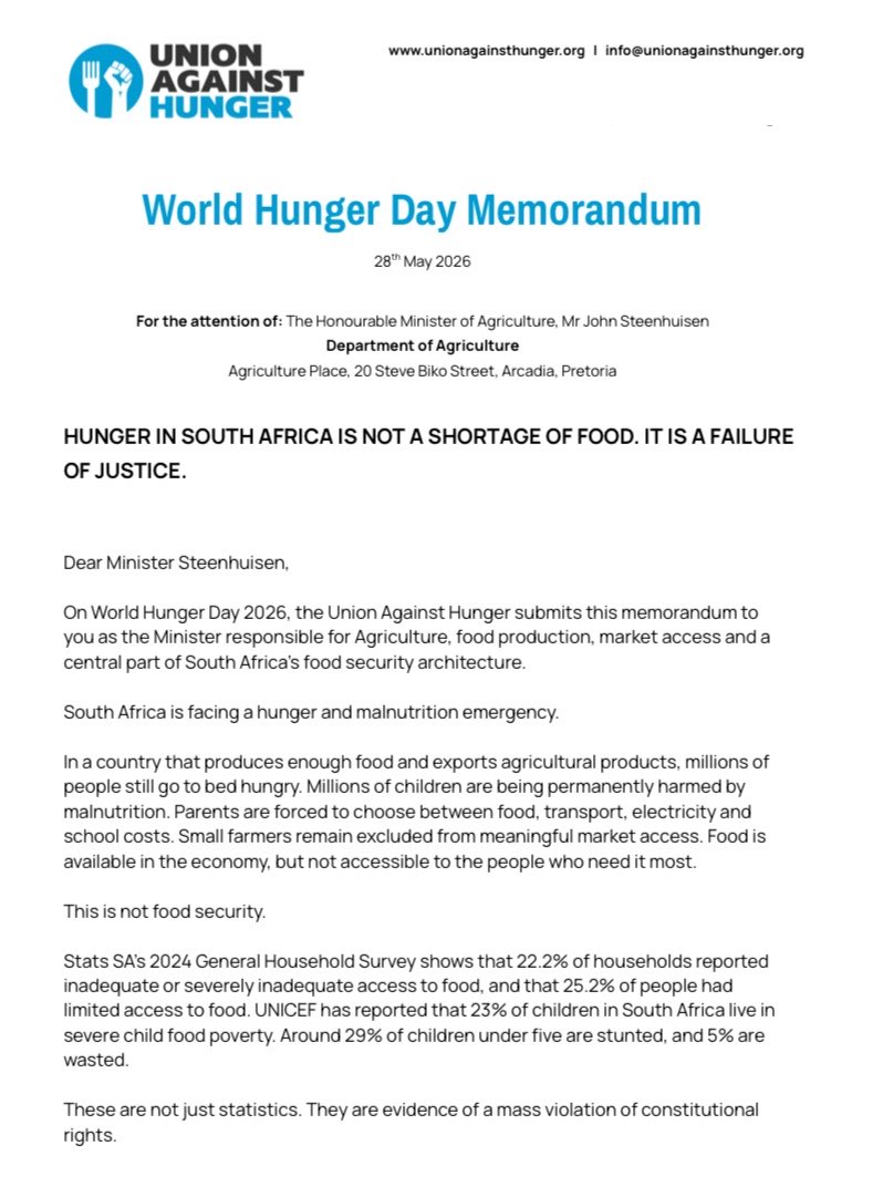 UAH_za's tweet photo. #UnionAgainstHunger official response to @jsteenhuisen @DOAgov_ZA regarding the refusal to take responsibility for the crises of hunger in the country. We call for swift action & transparency #HungerisaCrime #FoodisaRight #WHD
For more info follow https://t.co/xfb3QcEXnk https://t.co/LUu79AHsvK