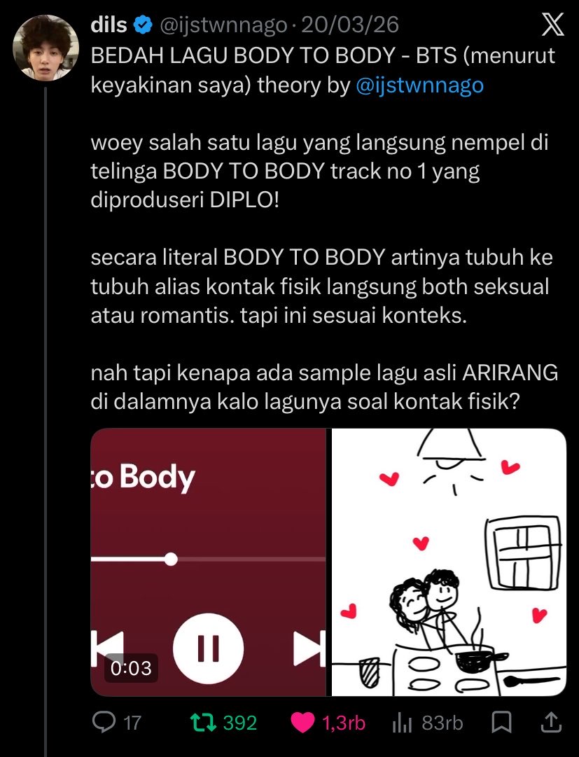 ijstwnnago's tweet photo. DEYMN SESUAI DUGAAAN. NAMJOON BILANG LAGU BODY TO BODY SEBENERNYA LAGU S3XCUAL :)

bbrp bulan yg lalu aku pernah ngebedah lagu body to body sebenernya artinya polisemi. intinya bisa diartiin “menurut keyakinan (pembaca)” 

buat yang mau baca bisa di sini yah
https://t.co/sViwTcLbSE