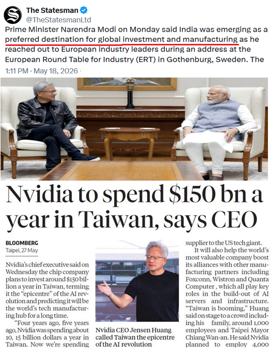 mediacrooks's tweet photo. # That Nvidia guy invests more in Tiny Taiwan than in India.. WHY?
# @NarendraModi stupidly thinks "Global Destn"  LIPSTICK can hide facts.. 
# Even the US got corrupt Adani to cough up $10bn to spare him jail.. Modi can only fool #Moditards?.. LOL! https://t.co/tsMqUSz9iM https://t.co/5FiCRAllxX