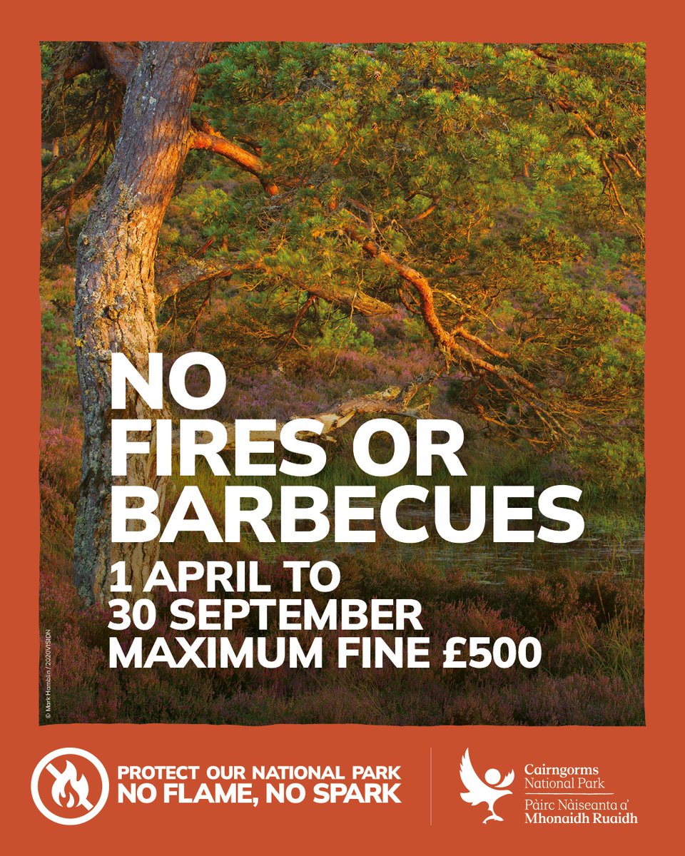 AngusCouncil's tweet photo. Protect the Cairngorms National Park. No flame, no spark 🔥 

From 1 April until 30 September, fires and barbecues are banned across the Cairngorms National Park, with a maximum fine of £500.

For more information, go to https://t.co/Qpz3j7GxwR https://t.co/KZGQJHAljg