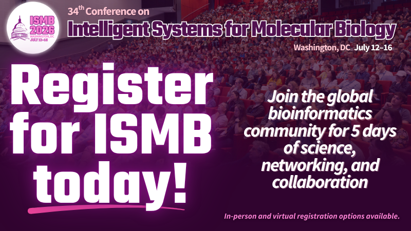 iscb's tweet photo. 💻🧬 Join researchers worldwide for #ISMB2026, the premier #computationalbiology conference. 500+ talks, world-class keynotes, networking, posters, and workshops.

Register: https://t.co/RDpywxkd9m https://t.co/21YrNP1j1g