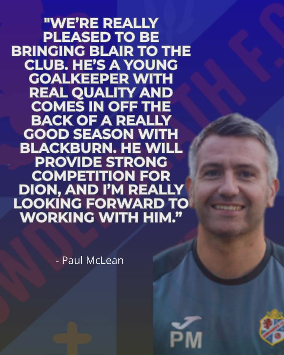 CowdenbeathFC's tweet photo. 𝐂𝐎𝐖𝐃𝐄𝐍𝐁𝐄𝐀𝐓𝐇 𝐈𝐍 𝐒𝐀𝐅𝐄 𝐇𝐀𝐍𝐃𝐒

We can now confirm that goalkeeper Blair Gallagher will sign for the club following the expiry of his current contract.

Blair joins us from Blackburn United, where he helped The Burnie secure a fifth place finish and promotion from the East of Scotland First Division to the Premier Division.

The young stopper was previously on the books at Whitburn Juniors and also enjoyed a loan spell at Oakley United.

Welcome to Central Park, Blair.

Upon signing, Blair commented “I’m delighted to have signed for the club. After speaking with the gaffer and Colin, I knew it was the right move for me. I’m looking forward to the season ahead.”

Manager Paul McLean added: “We’re really pleased to be bringing Blair to the club. He’s a young goalkeeper with real quality and comes in off the back of a really good season with Blackburn. He will provide strong competition for Dion, and I’m really looking forward to working with him.”

Director of Football Operations Colin Nelson said: “We’re happy to confirm the signing of Blair, whom we have watched a few times. He showed a great desire to come here despite having a couple of other offers. He is taking a step up, but it’s one we’re confident he can make, and he again fits the criteria of giving talented players an opportunity at a higher level. I’m also delighted that we now have two permanent goalkeepers for the first time in a long time, which I believe is important.”