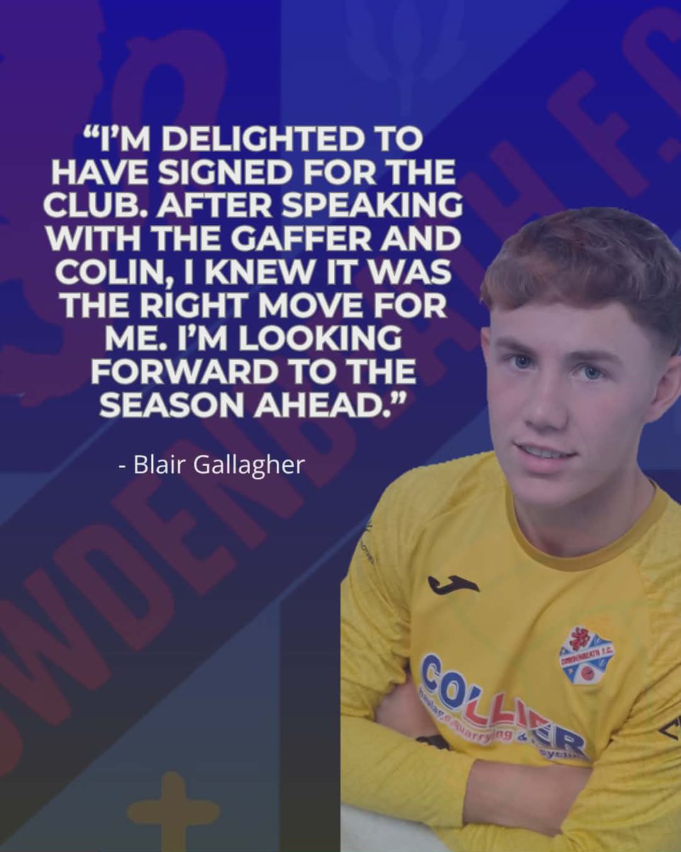 CowdenbeathFC's tweet photo. 𝐂𝐎𝐖𝐃𝐄𝐍𝐁𝐄𝐀𝐓𝐇 𝐈𝐍 𝐒𝐀𝐅𝐄 𝐇𝐀𝐍𝐃𝐒

We can now confirm that goalkeeper Blair Gallagher will sign for the club following the expiry of his current contract.

Blair joins us from Blackburn United, where he helped The Burnie secure a fifth place finish and promotion from the East of Scotland First Division to the Premier Division.

The young stopper was previously on the books at Whitburn Juniors and also enjoyed a loan spell at Oakley United.

Welcome to Central Park, Blair.

Upon signing, Blair commented “I’m delighted to have signed for the club. After speaking with the gaffer and Colin, I knew it was the right move for me. I’m looking forward to the season ahead.”

Manager Paul McLean added: “We’re really pleased to be bringing Blair to the club. He’s a young goalkeeper with real quality and comes in off the back of a really good season with Blackburn. He will provide strong competition for Dion, and I’m really looking forward to working with him.”

Director of Football Operations Colin Nelson said: “We’re happy to confirm the signing of Blair, whom we have watched a few times. He showed a great desire to come here despite having a couple of other offers. He is taking a step up, but it’s one we’re confident he can make, and he again fits the criteria of giving talented players an opportunity at a higher level. I’m also delighted that we now have two permanent goalkeepers for the first time in a long time, which I believe is important.”