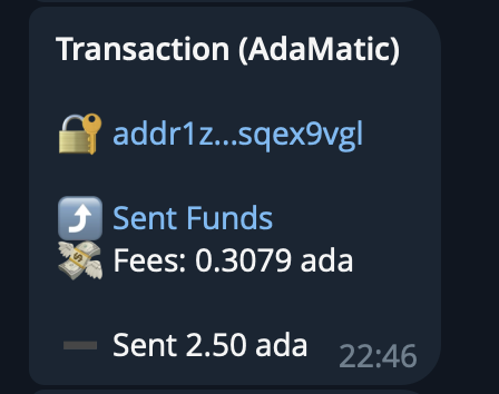 AdaWatchBot's tweet photo. if you register your wallet on AdaWatchBot, you also receive notifications when your payments is executed, and the clear messaging will tell you it was an AdaMatic transaction https://t.co/jb5I5aDkQN