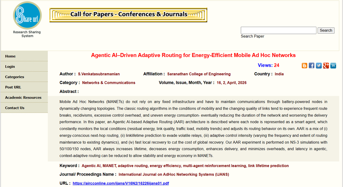 JournalIjans's tweet photo. Published Article!!

Agentic AI–Driven Adaptive Routing for Energy-Efficient Mobile Ad Hoc Networks

S.Venkatasubramanian, Saranathan College of Engineering, India

URL: https://t.co/NX85zjaveE

Full Text: https://t.co/usAzvO07u6

#adhoc #networks #wirelessnetwork #security https://t.co/V2AGmuAaKD