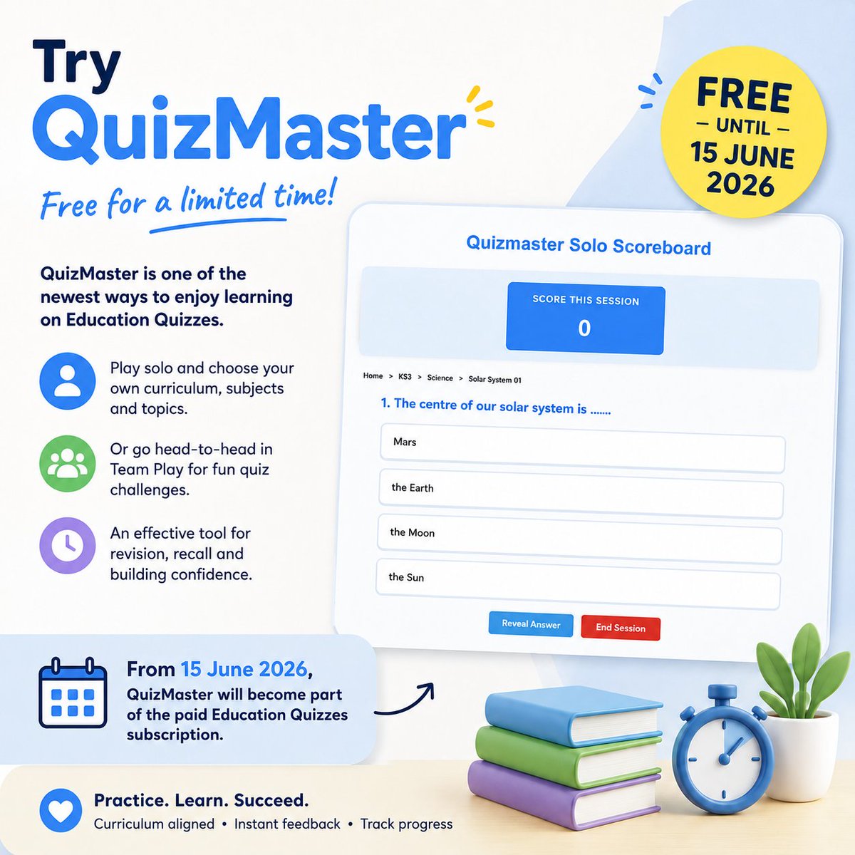 EduQuizzes's tweet photo. QuizMaster is free to try until 15 June 2026.

Choose Solo for independent practice or Team Play for class quiz challenges.

One question at a time, with instant feedback to help pupils keep going. https://t.co/DmAFYHao0V