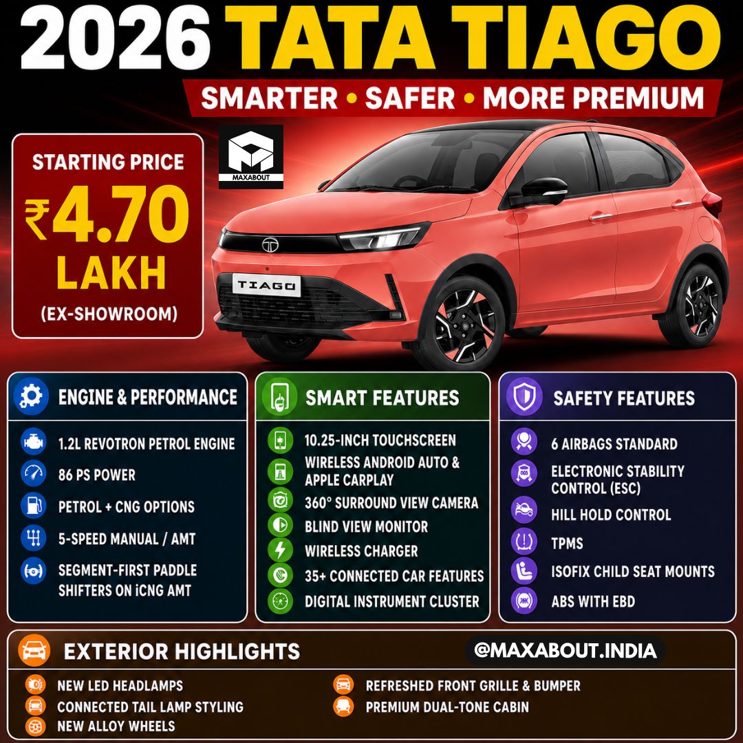 maxabout's tweet photo. 🚗 2026 Tata Tiago Launched!

Tata Motors drops the updated Tiago starting at Rs 4.70L (ex-showroom). The hatch gets a major generation update with sharper looks, a premium twin-screen cabin, and top-tier safety tech.

Can it beat the Celerio? 👇

#TataTiago #CarLaunch https://t.co/1dY0edq0ix
