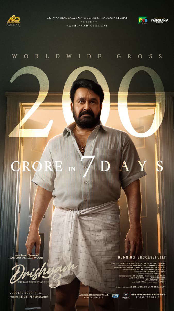 ambady___'s tweet photo. #Drishyam3 Enters the 200 Cr club in Just 7 Days🔥

Third 200 Cr Milestone for #Mohanlal 🐐👌 https://t.co/cnAbtwvEIr