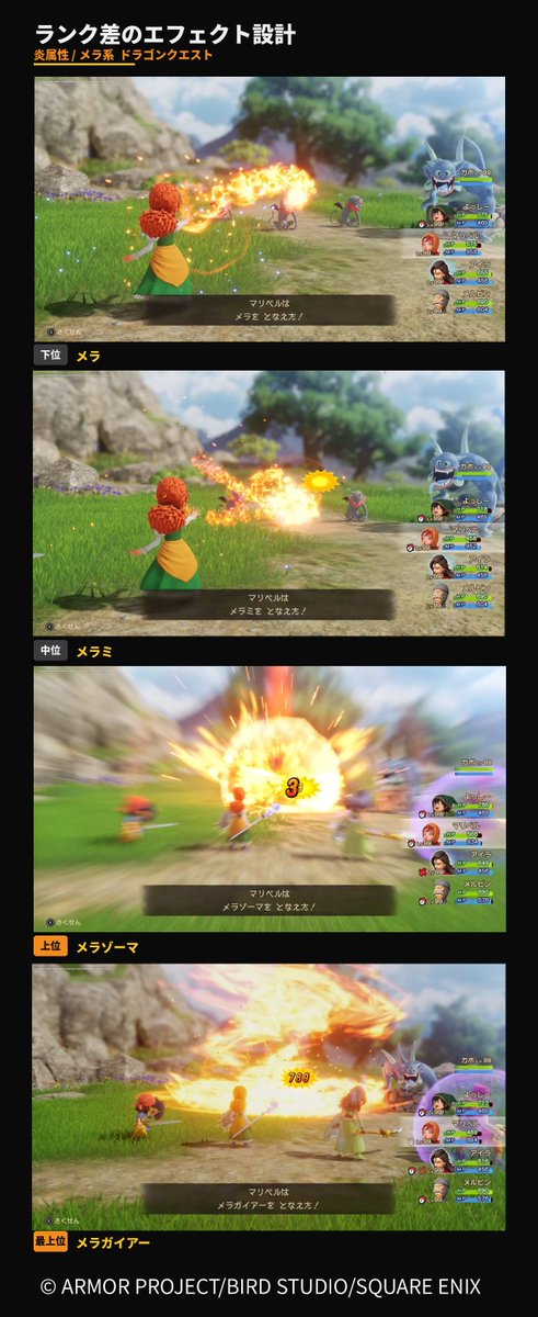 AdachiVFX's tweet photo. ランク差の記事、noteにこんな感じで整理してます。

メラ系を並べてみると、メラミとメラゾーマの間に明らかな「断層」がありそうですよね。
飛んでいく火球から、その場で発生する派手な炎
比較してみるって結構大事です。

noteにまとめてるのでもう少しお待ちください。 https://t.co/nqq3N3EeRr