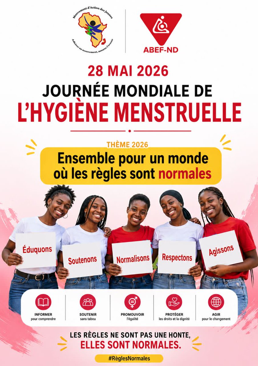 exode25475's tweet photo. 🩸 28 Mai 2026 — Journée Mondiale de l’Hygiène Menstruelle
Cette année, nous nous unissons autour du thème :«Ensemble pour un monde où les règles sont normales»
Les menstruations sont naturelles. Pourtant, trop de filles et de femmes vivent encore dans le silence, https://t.co/wrzpq2u3DY