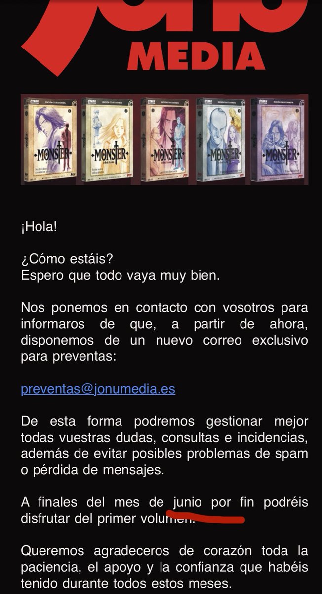 ydaleconmanolo's tweet photo. He intentando la devolución de Monster por parte de Jonu Media y he sido ignorado. Ya no cuento con recibir el dinero, ni el anime, pero que cada x meses aparezcan diciendo que el anime estará pronto y soltando el rollo de que lo enviarán por mes, cuado eso no es factible. https://t.co/oyZufs7MwH