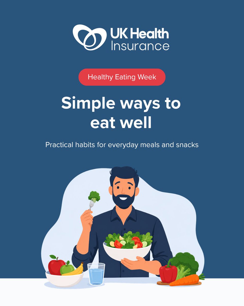 UKHealthInsure's tweet photo. Healthy Eating Week is a reminder that small habits can support everyday wellbeing.

Try staying hydrated, adding fibre and checking food labels.

For general information only. Not medical advice.

#HealthyEatingWeek #HealthyEating #Wellbeing https://t.co/8WcCNO61fG