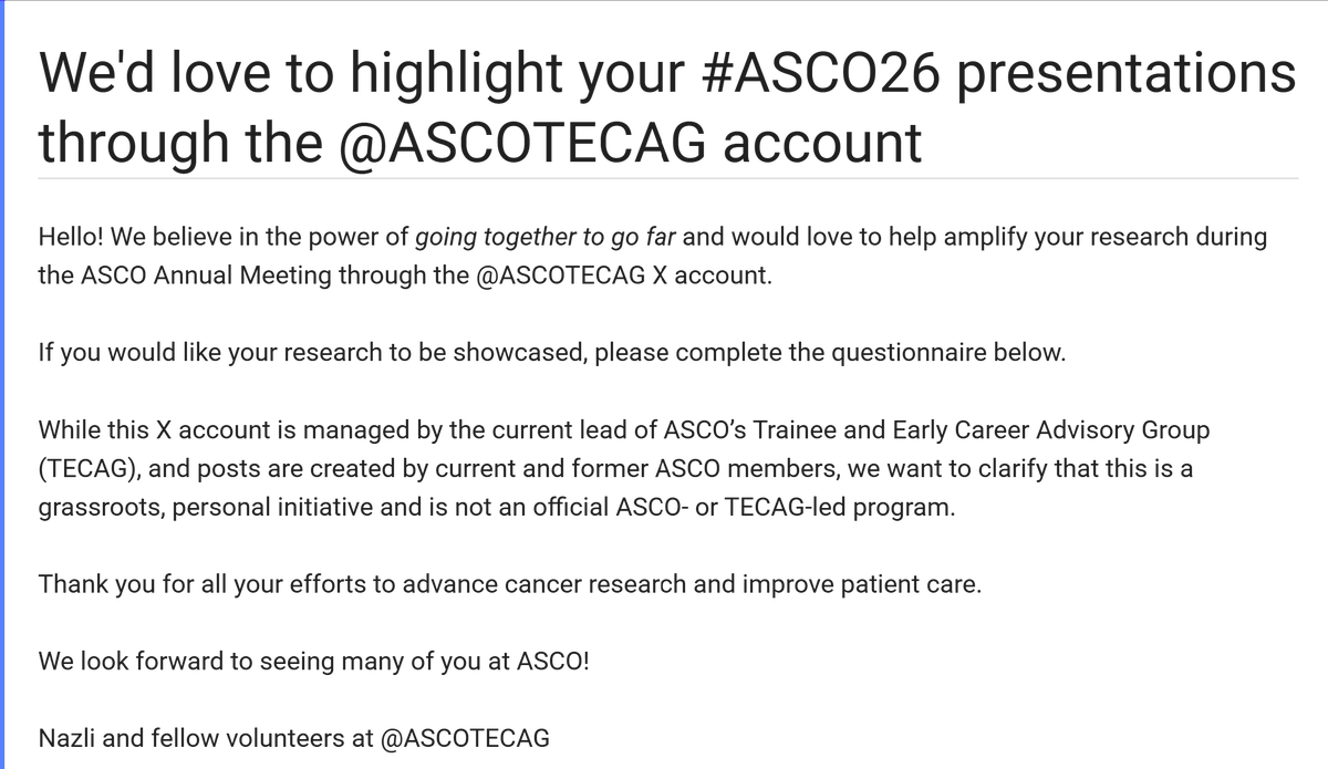 ASCOTECAG's tweet photo. 🥳We’d love to spotlight trainees and early-career #oncologists presenting @ASCO #ASCO26 
👉https://t.co/957TA45OYl
Share your presentations with us, and we’ll celebrate your work through posts here!👏

@NazliDizman @ja_ocejo @OncMedEdCoP @AnaVManana @oncoalert #MedEd @jrgralow @montypal @DVAraujoMD @DrBarbiOnc @LauraEsfeller @FunchainMD @YGaritaonaindia @jgong15 @DrSAHaddad @GIMedOnc @iandresmeraz @SakditadMD @RamilaShilpakar
@RohitBanwar @lungoncdoc @montypal @DrChoueiri
@neerajaiims @PGrivasMDPhD @OncoAlert @DrYukselUrun @yekeduz_emre