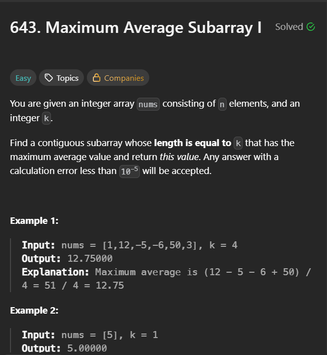 hemanyadav2005's tweet photo. Day 4/100 of #100DaysOfCode 

- Topic Covered: Sliding Window and 2 Pointer Technique
- Problem Solved: 643. Maximum Average Subarray I
- Approach: classic sliding window technique

#Leetcode #DSA #cpp  #ConstantLearning https://t.co/HkmYpo31tq