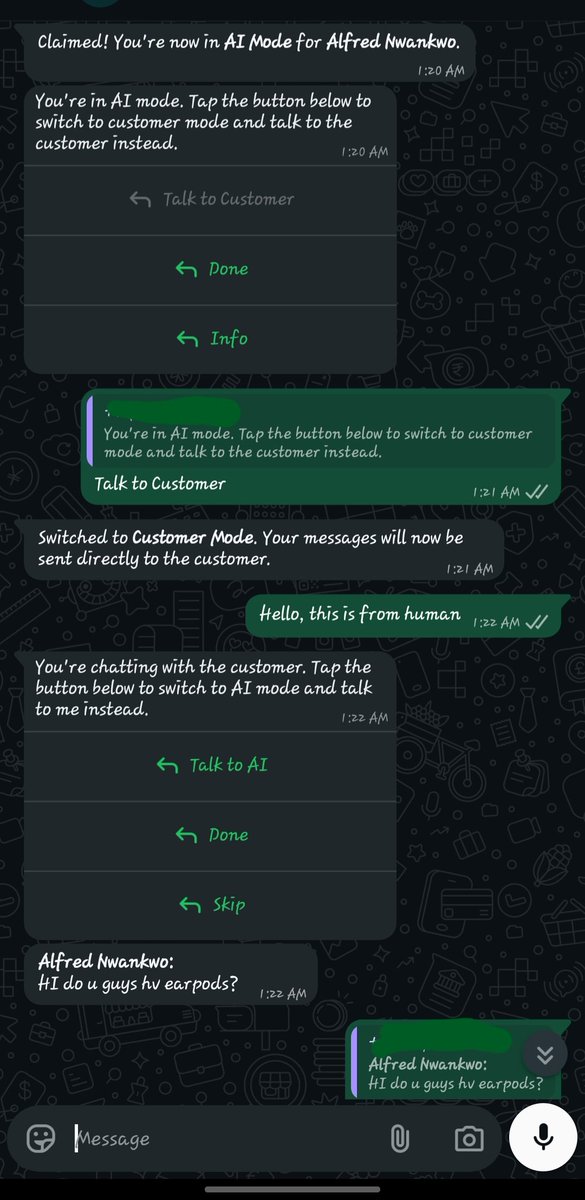 emperors_code's tweet photo. Customer needed a human.

The AI knew exactly when to step aside.

- Customer requests human support
- Business owner takes over the chat
- Issue gets resolved
- Customer is handed back to the AI seamlessly https://t.co/U6GHZdX22R