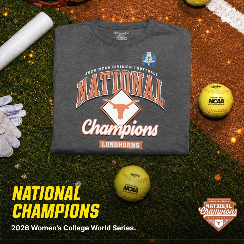 TexasLonghorns's tweet photo. Light the Tower! Celebrate Texas Softball's second national title by gearing up with official championship apparel! 🤘