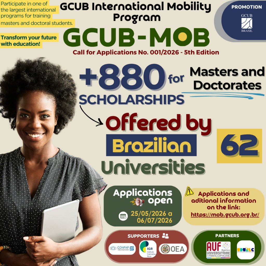 InternacionalFI's tweet photo. 🇧🇷🎓 Pursue your graduate studies in Brazil with an international scholarship! Applications are now open for the 5th Edition of the GCUB International Mobility Program (GCUB-Mob 2026), organized by the Brazilian Universities International Cooperation Group (GCUB).

This edition offers an impressive 888 Master's and PhD scholarships through participating Brazilian universities, providing an outstanding opportunity for academic and professional growth. 🌎✨

The program also includes intensive courses focused on Mexico and Latin America, fostering international collaboration and knowledge exchange across the region.

👩‍🎓 Open to:
✔️ Graduate students
✔️ Academics and researchers
✔️ Individuals interested in academic cooperation with Brazil
Take your academic journey to the next level and become part of an international network of scholars and professionals.

🔗 Learn more and apply:
https://t.co/i4jAI5yuMn

#GCUBMob #InternationalScholarships #GraduateStudies #AcademicMobility #Internationalization