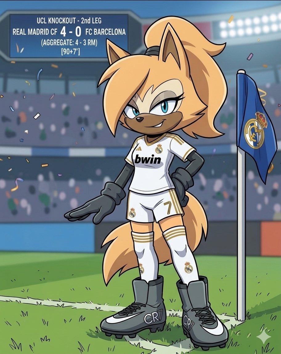 xdaredevlx's tweet photo. Whisper just scored a last minute winner against Barcelona! Absolute scenes as Real Madrid SCF(Sonic club de football) go through after being 3-0 down in the first leg. They have made the final thanks to Whisper! She celebrates by hitting Ronaldo’s calma celebration🐐 https://t.co/55iGMFl6XN